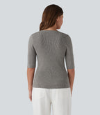 Ribbed Knit Round Neck Half Sleeve Work Jumper — Silent Storm — view 3