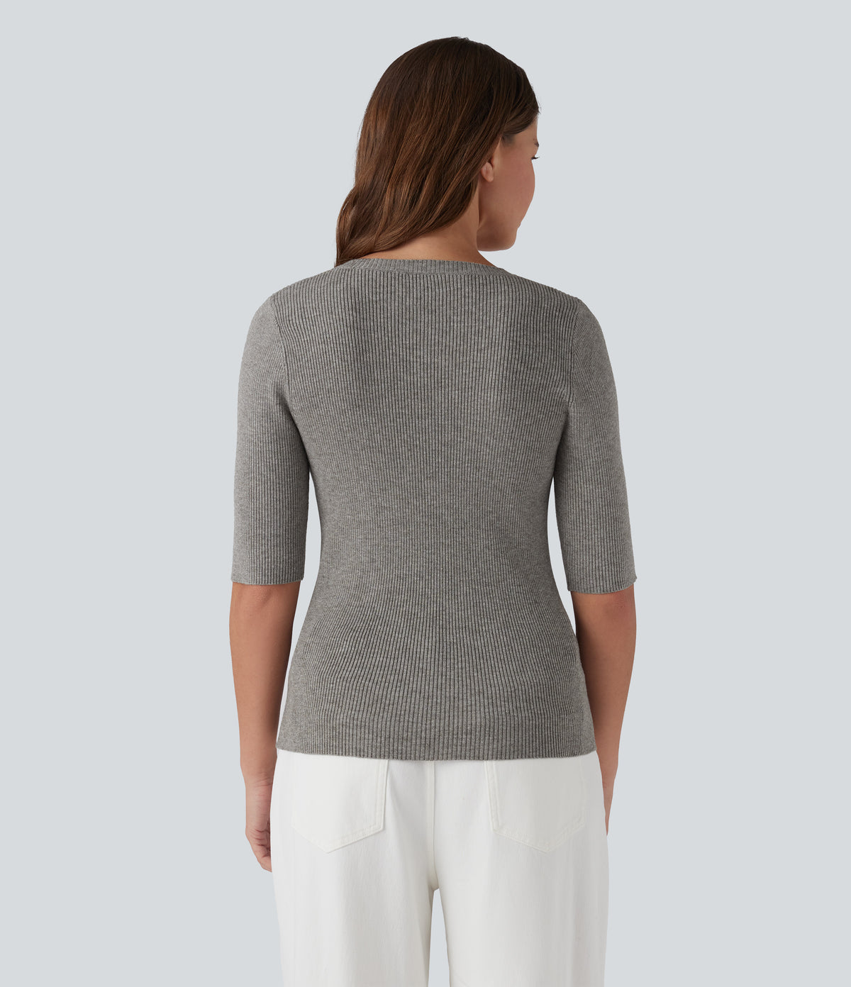 Ribbed Knit Round Neck Half Sleeve Work Jumper — Silent Storm — view 3