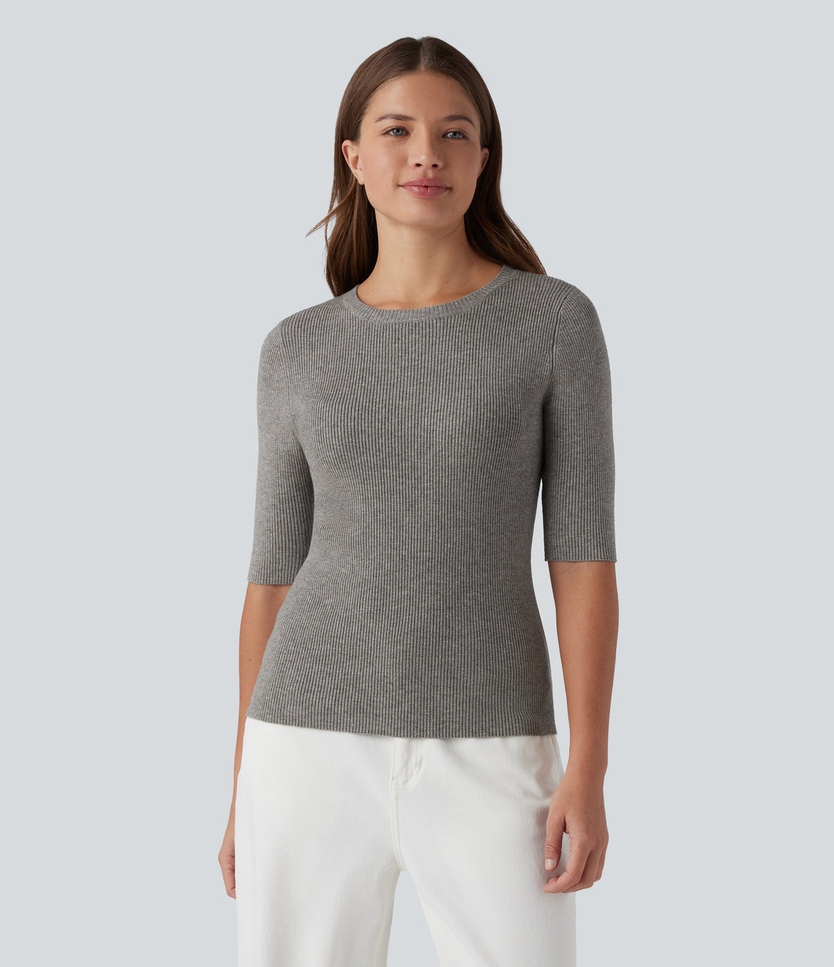 Ribbed Knit Round Neck Half Sleeve Work Jumper — Silent Storm — view 5