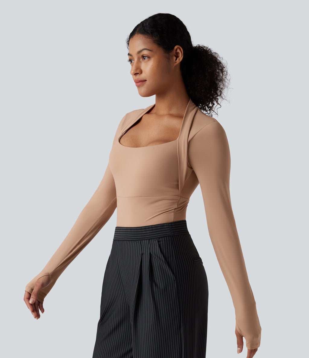 High Stretch Push-Up Long Sleeve Thumb Hole Casual Bodysuit A/B Cup — Maple Sugar — view 5