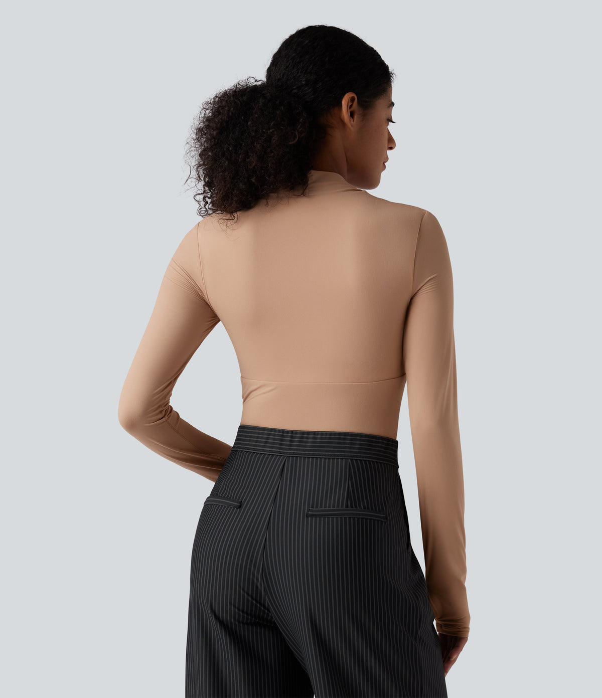 High Stretch Push-Up Long Sleeve Thumb Hole Casual Bodysuit A/B Cup — Maple Sugar — view 3
