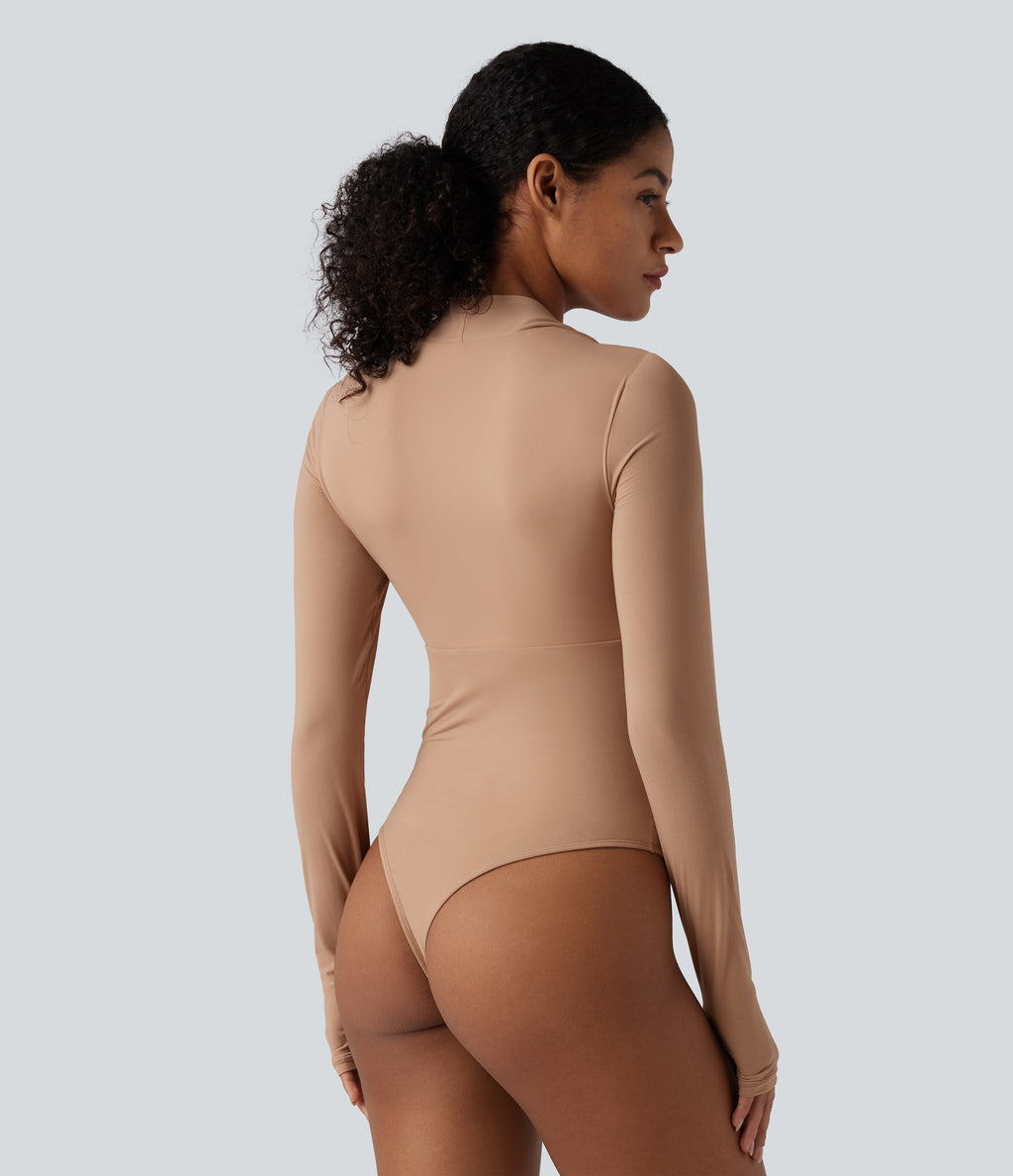 High Stretch Push-Up Long Sleeve Thumb Hole Casual Bodysuit A/B Cup — Maple Sugar — view 4
