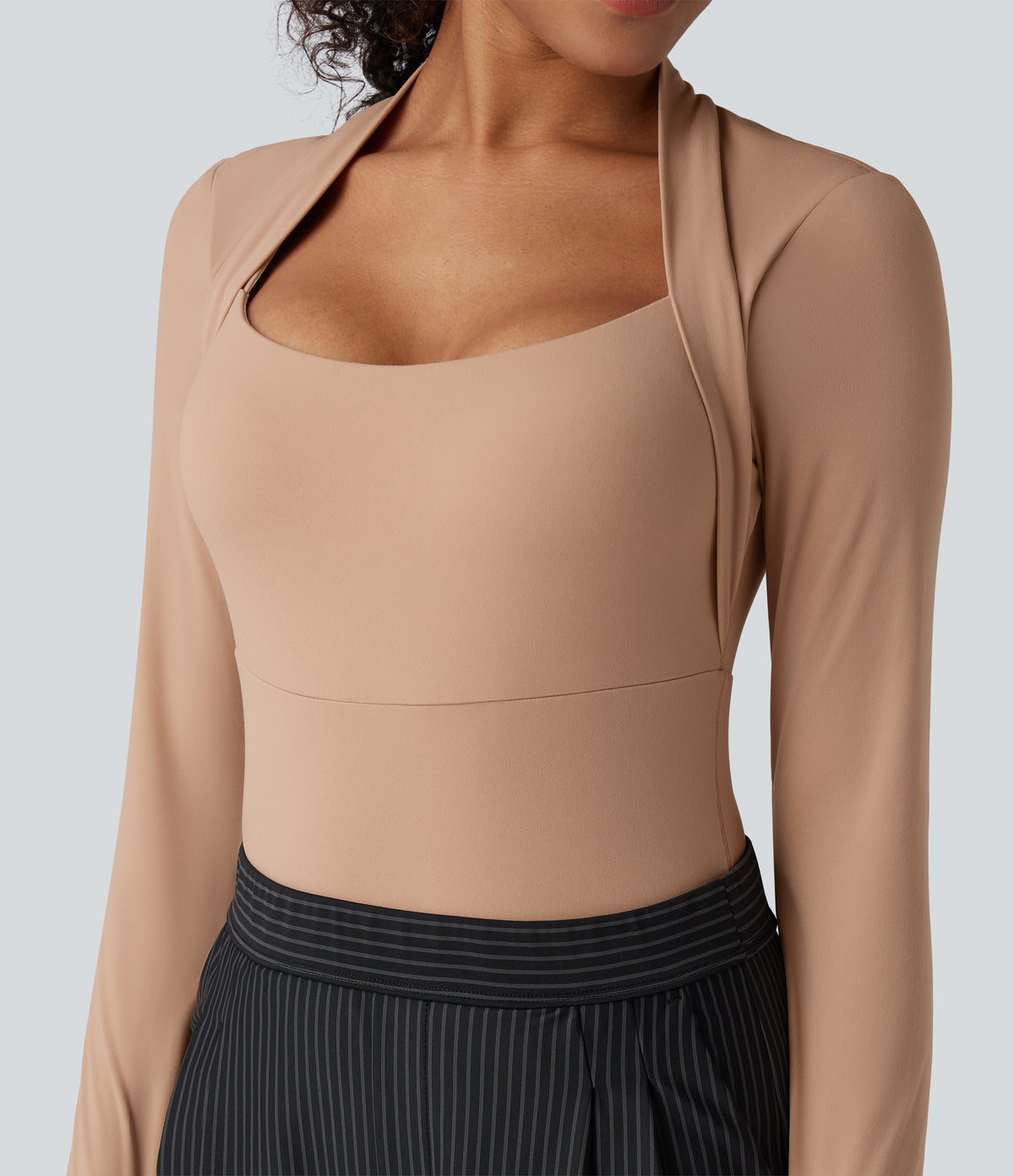 High Stretch Push-Up Long Sleeve Thumb Hole Casual Bodysuit A/B Cup — Maple Sugar — view 6