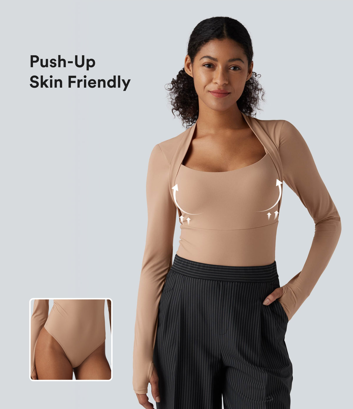 High Stretch Push-Up Long Sleeve Thumb Hole Casual Bodysuit A/B Cup — Maple Sugar — view 1