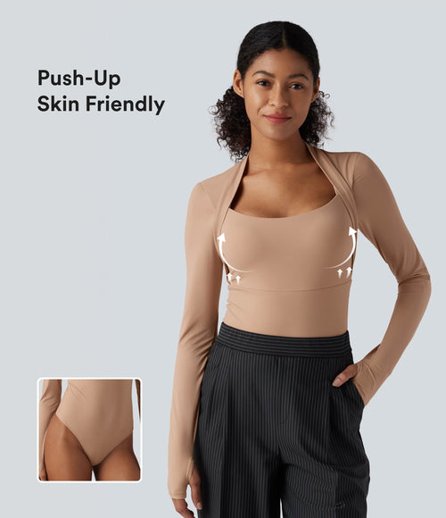 High Stretch Push-Up Long Sleeve Thumb Hole Casual Bodysuit A/B Cup — Maple Sugar — view 1