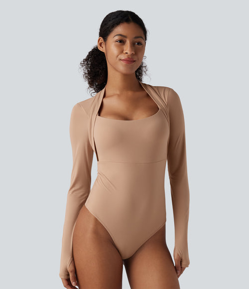 High Stretch Push-Up Long Sleeve Thumb Hole Casual Bodysuit A/B Cup — Maple Sugar — view 2