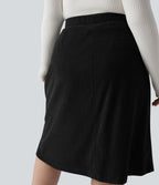 Mid Rise Midi Corduroy Casual Plus Size Skirt with Pockets — Black — view 6