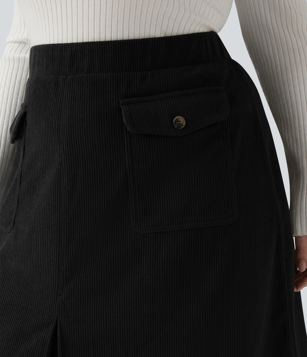 Mid Rise Midi Corduroy Casual Plus Size Skirt with Pockets — Black — view 4
