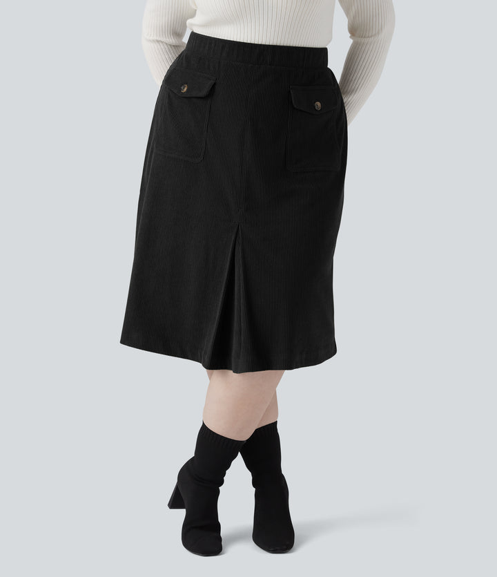Mid Rise Midi Corduroy Casual Plus Size Skirt with Pockets — Black — view 1