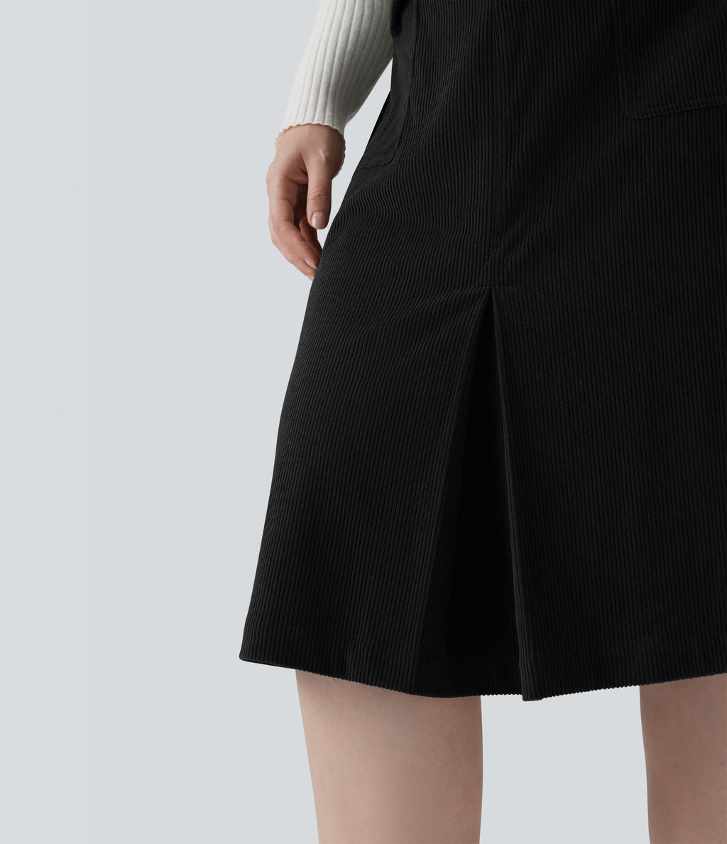 Mid Rise Midi Corduroy Casual Plus Size Skirt with Pockets — Black — view 5