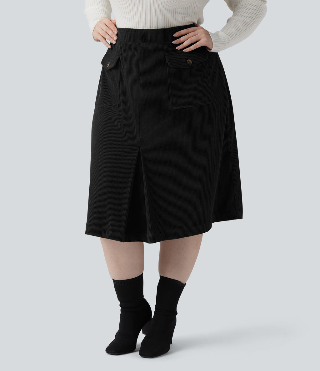 Mid Rise Midi Corduroy Casual Plus Size Skirt with Pockets — Black — view 3