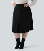 Mid Rise Midi Corduroy Casual Plus Size Skirt with Pockets — Black — view 3