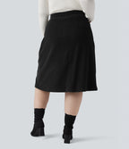 Mid Rise Midi Corduroy Casual Plus Size Skirt with Pockets — Black — view 2