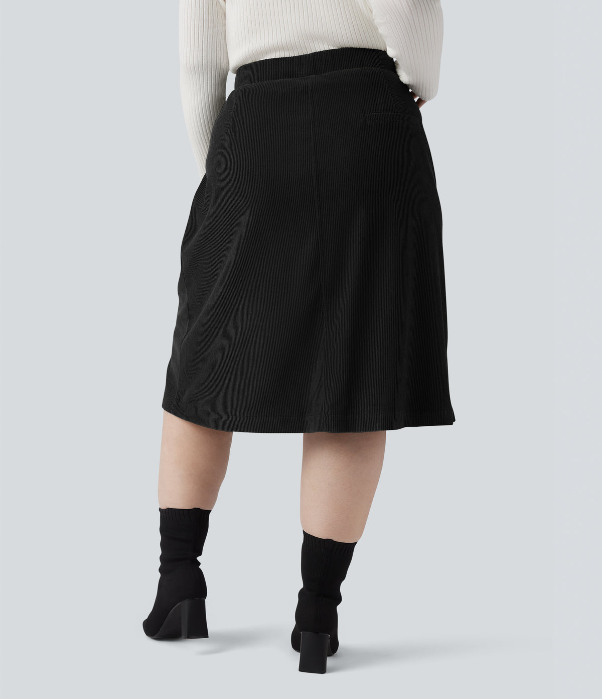 Mid Rise Midi Corduroy Casual Plus Size Skirt with Pockets — Black — view 2