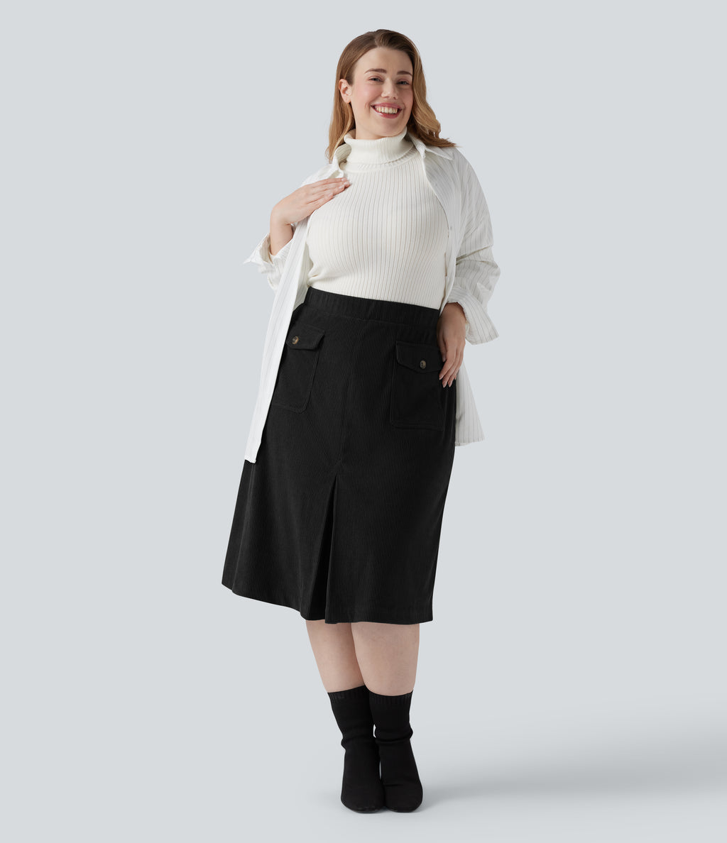 Mid Rise Midi Corduroy Casual Plus Size Skirt with Pockets — Black — view 7