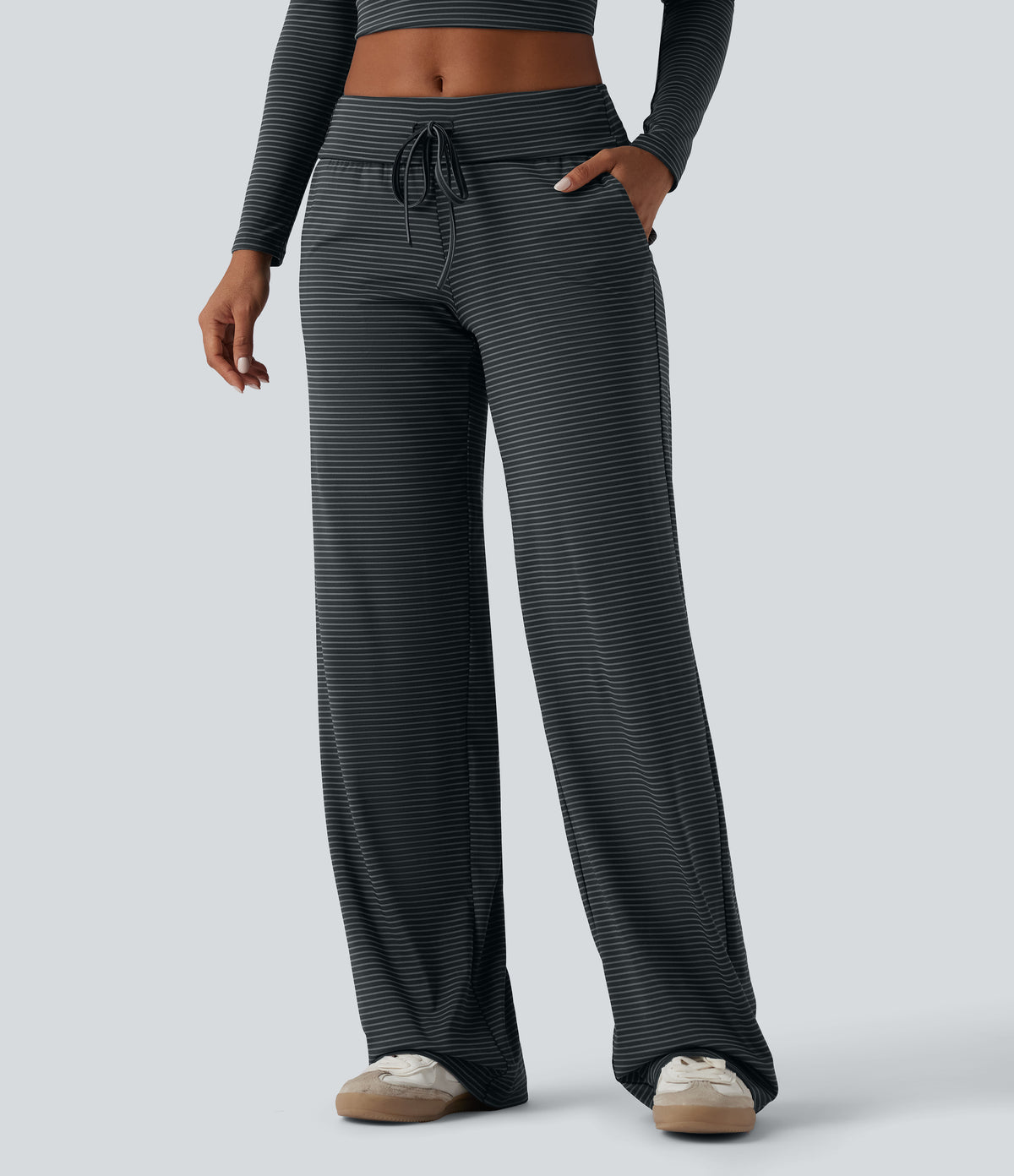 Foldover Low Rise Drawstring Stripes Casual Straight Leg Trousers with Pockets — Steel Stripe — view 1