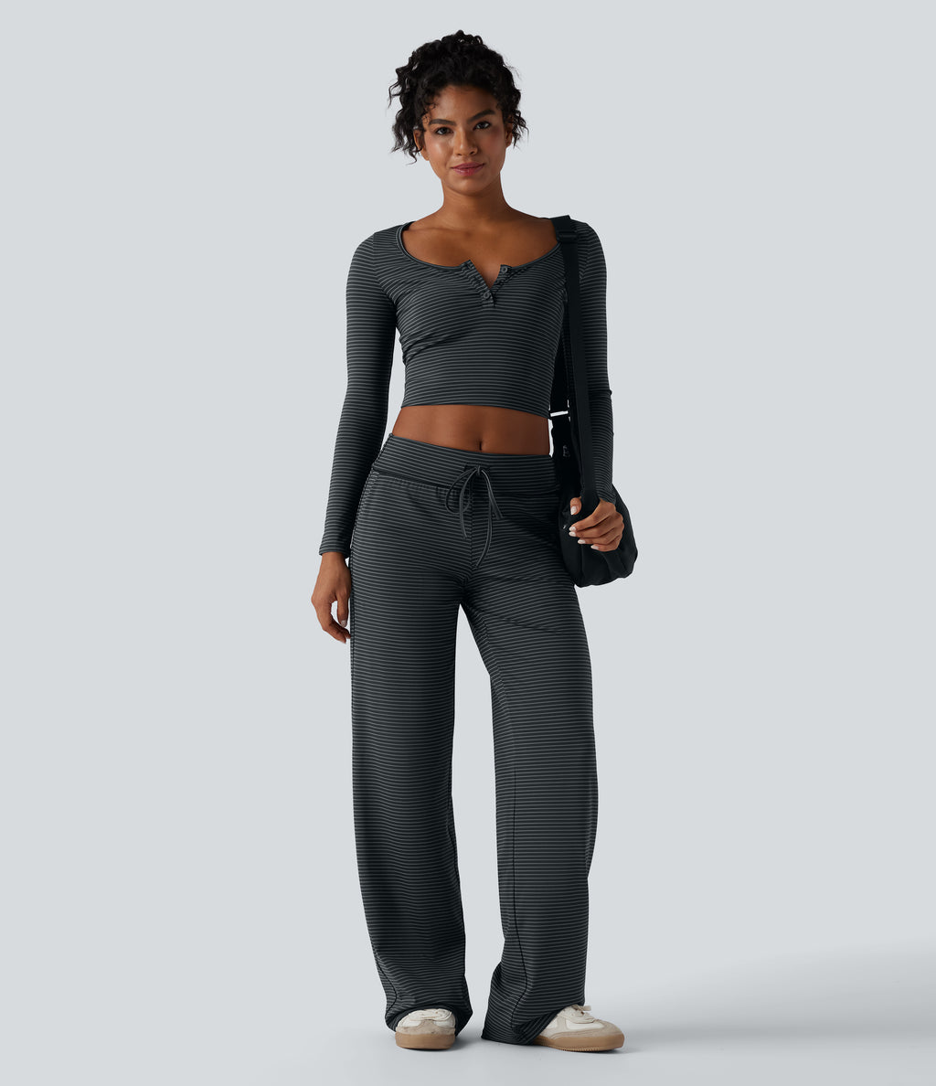 Foldover Low Rise Drawstring Stripes Casual Straight Leg Trousers with Pockets — Steel Stripe — view 6