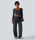 Foldover Low Rise Drawstring Stripes Casual Straight Leg Trousers with Pockets — Steel Stripe — view 6