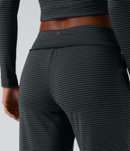 Foldover Low Rise Drawstring Stripes Casual Straight Leg Trousers with Pockets — Steel Stripe — view 5