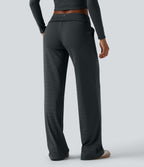 Foldover Low Rise Drawstring Stripes Casual Straight Leg Trousers with Pockets — Steel Stripe — view 2