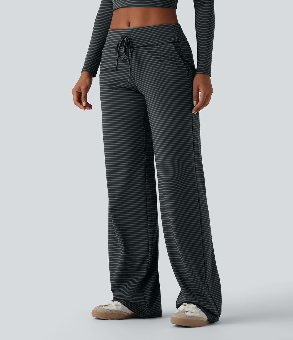 Foldover Low Rise Drawstring Stripes Casual Straight Leg Trousers with Pockets — Steel Stripe — view 3