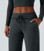 Foldover Low Rise Drawstring Stripes Casual Straight Leg Trousers with Pockets — Steel Stripe — view 4