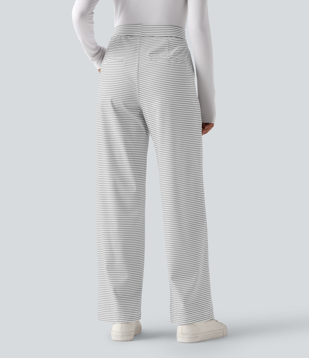 High Waisted Straight Leg Stripe Work Trousers with Pockets — Zebra Ripple — view 2