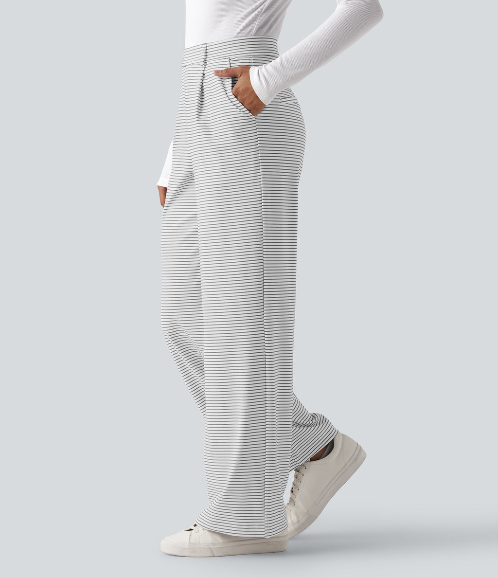 High Waisted Straight Leg Stripe Work Trousers with Pockets — Zebra Ripple — view 1