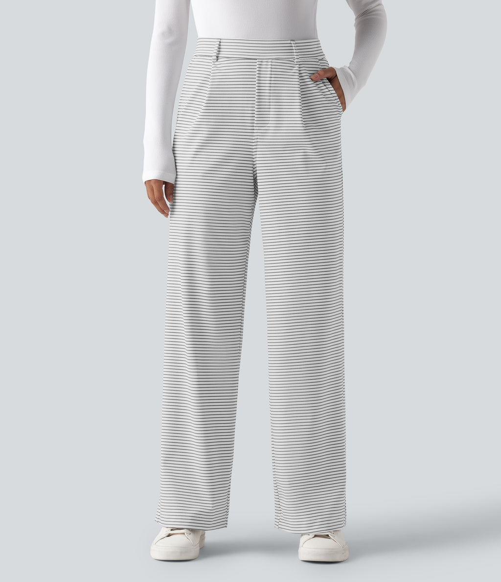 High Waisted Straight Leg Stripe Work Trousers with Pockets — Zebra Ripple — view 3