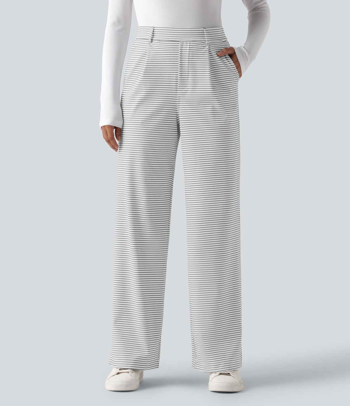 High Waisted Straight Leg Stripe Work Trousers with Pockets — Zebra Ripple — view 3