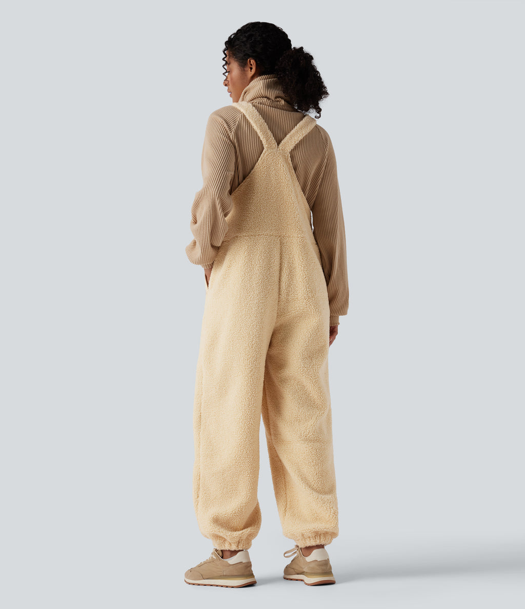 Adjustable Straps Casual Sherpa Dungarees with Pockets — Shortbread — view 2