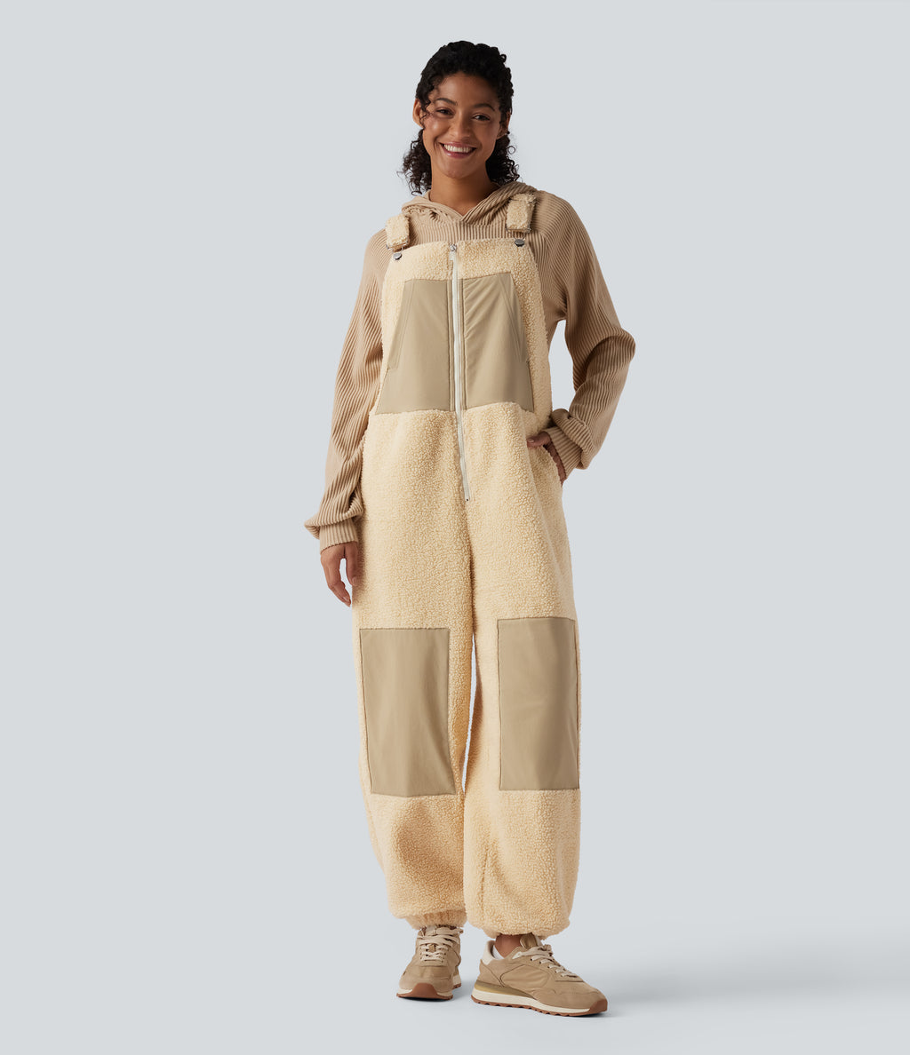 Adjustable Straps Casual Sherpa Dungarees with Pockets — Shortbread — view 1