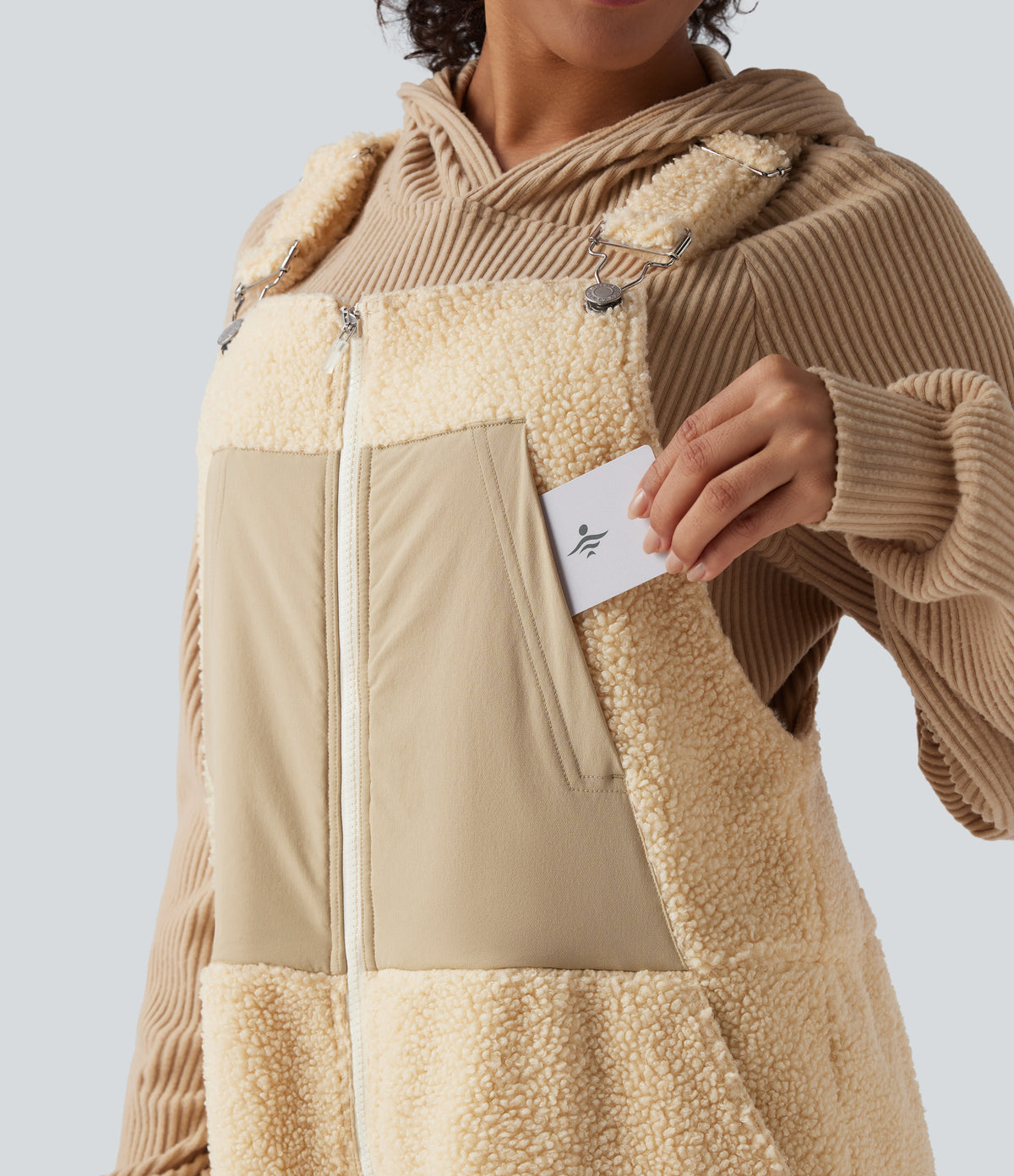 Adjustable Straps Casual Sherpa Dungarees with Pockets — Shortbread — view 4