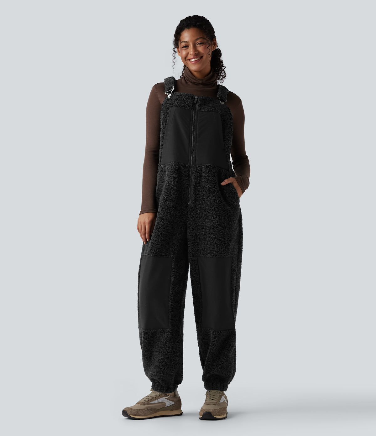 Adjustable Straps Casual Sherpa Dungarees with Pockets — Black — view 7