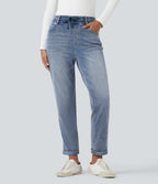 High Waisted Drawstring Rolled Hem Casual Slim Jeans with Pockets — Gulf Stream Blue Denim — view 1