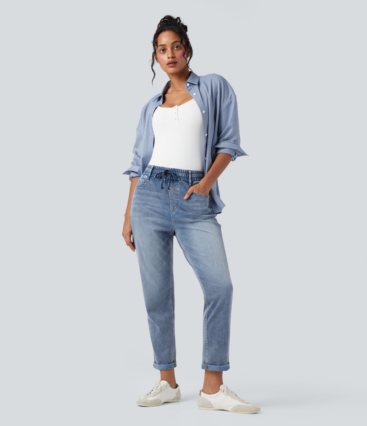 High Waisted Drawstring Rolled Hem Casual Slim Jeans with Pockets — Gulf Stream Blue Denim — view 7
