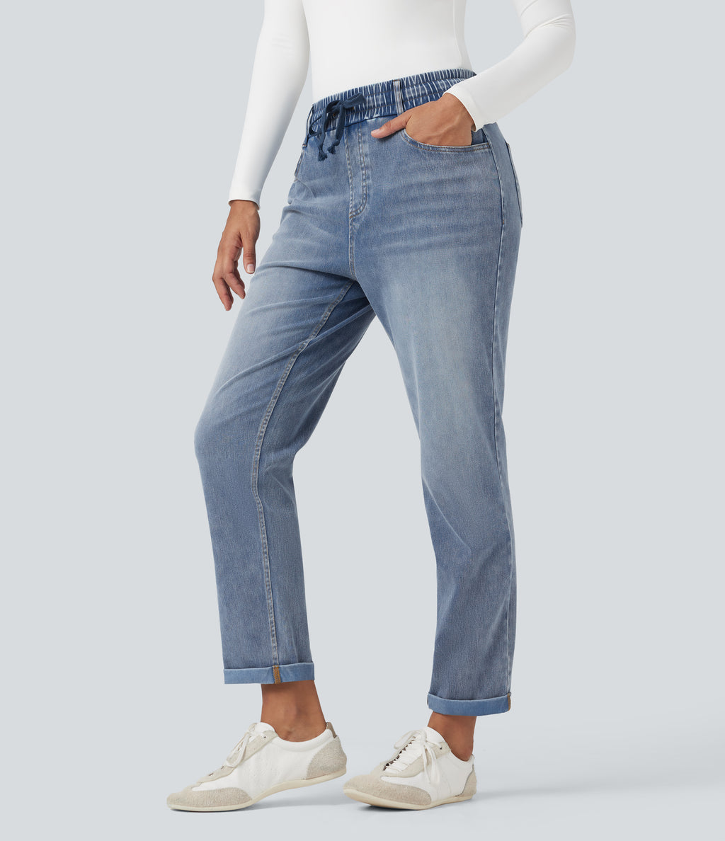 High Waisted Drawstring Rolled Hem Casual Slim Jeans with Pockets — Gulf Stream Blue Denim — view 3
