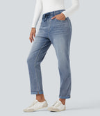 High Waisted Drawstring Rolled Hem Casual Slim Jeans with Pockets — Gulf Stream Blue Denim — view 3