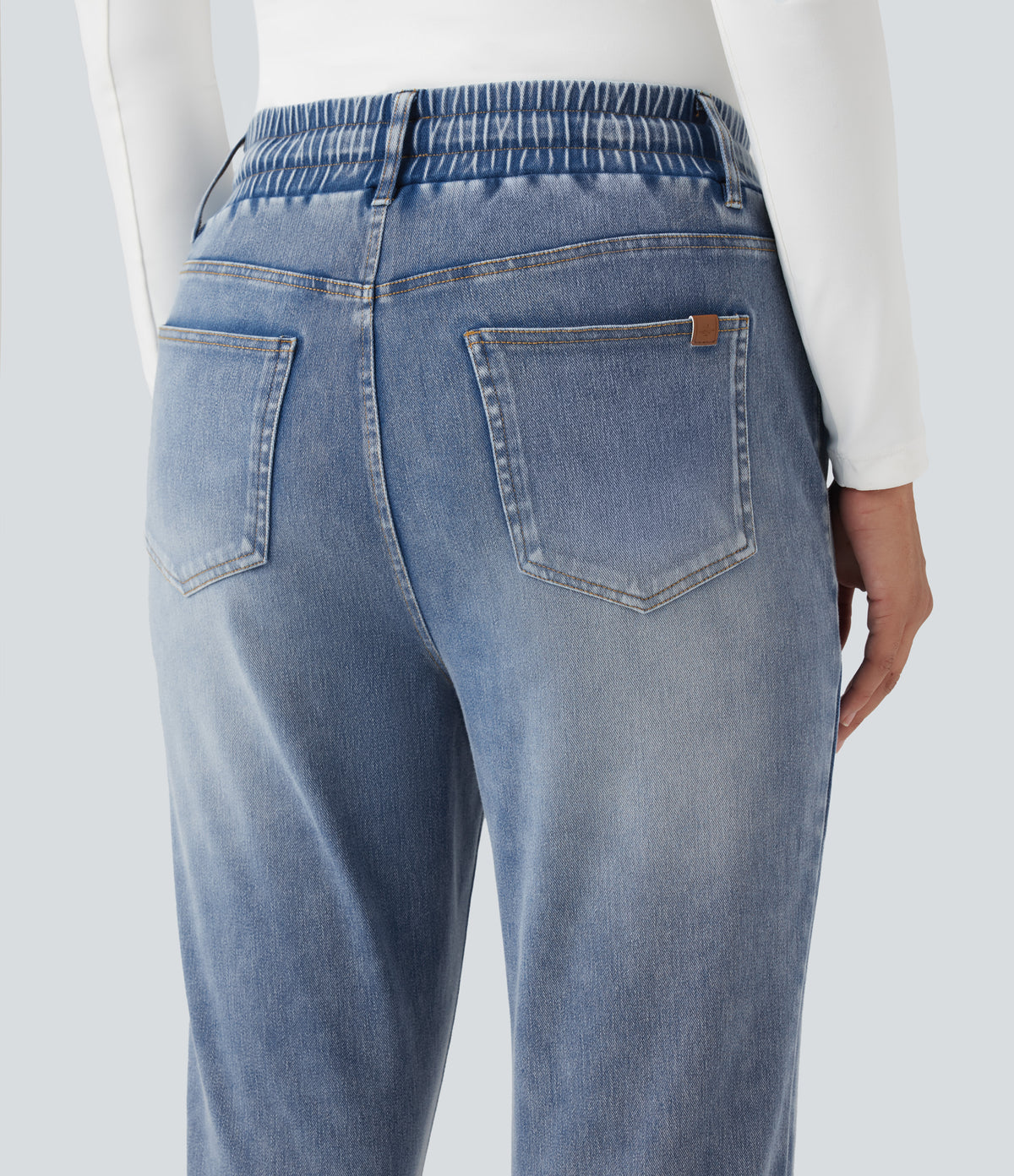High Waisted Drawstring Rolled Hem Casual Slim Jeans with Pockets — Gulf Stream Blue Denim — view 5