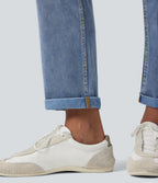High Waisted Drawstring Rolled Hem Casual Slim Jeans with Pockets — Gulf Stream Blue Denim — view 6