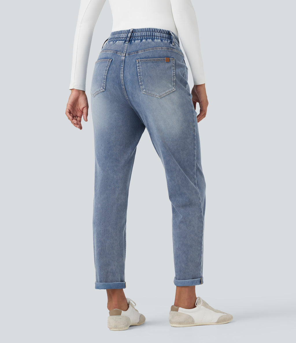 High Waisted Drawstring Rolled Hem Casual Slim Jeans with Pockets — Gulf Stream Blue Denim — view 2