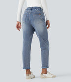 High Waisted Drawstring Rolled Hem Casual Slim Jeans with Pockets — Gulf Stream Blue Denim — view 2