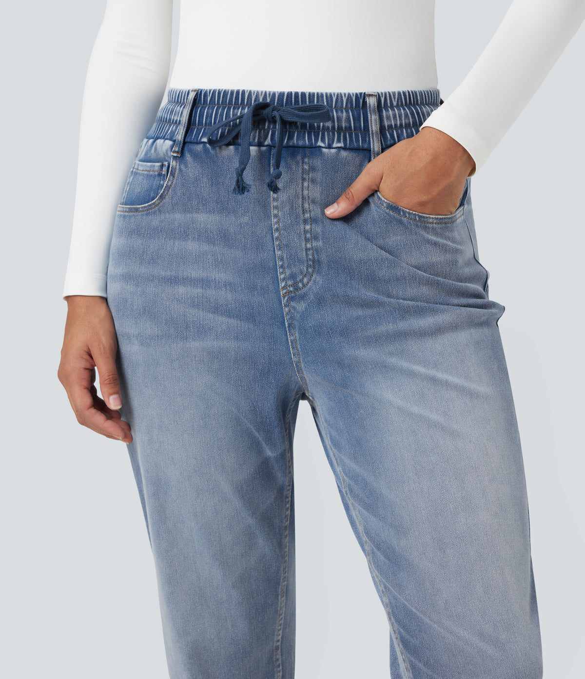 High Waisted Drawstring Rolled Hem Casual Slim Jeans with Pockets — Gulf Stream Blue Denim — view 4