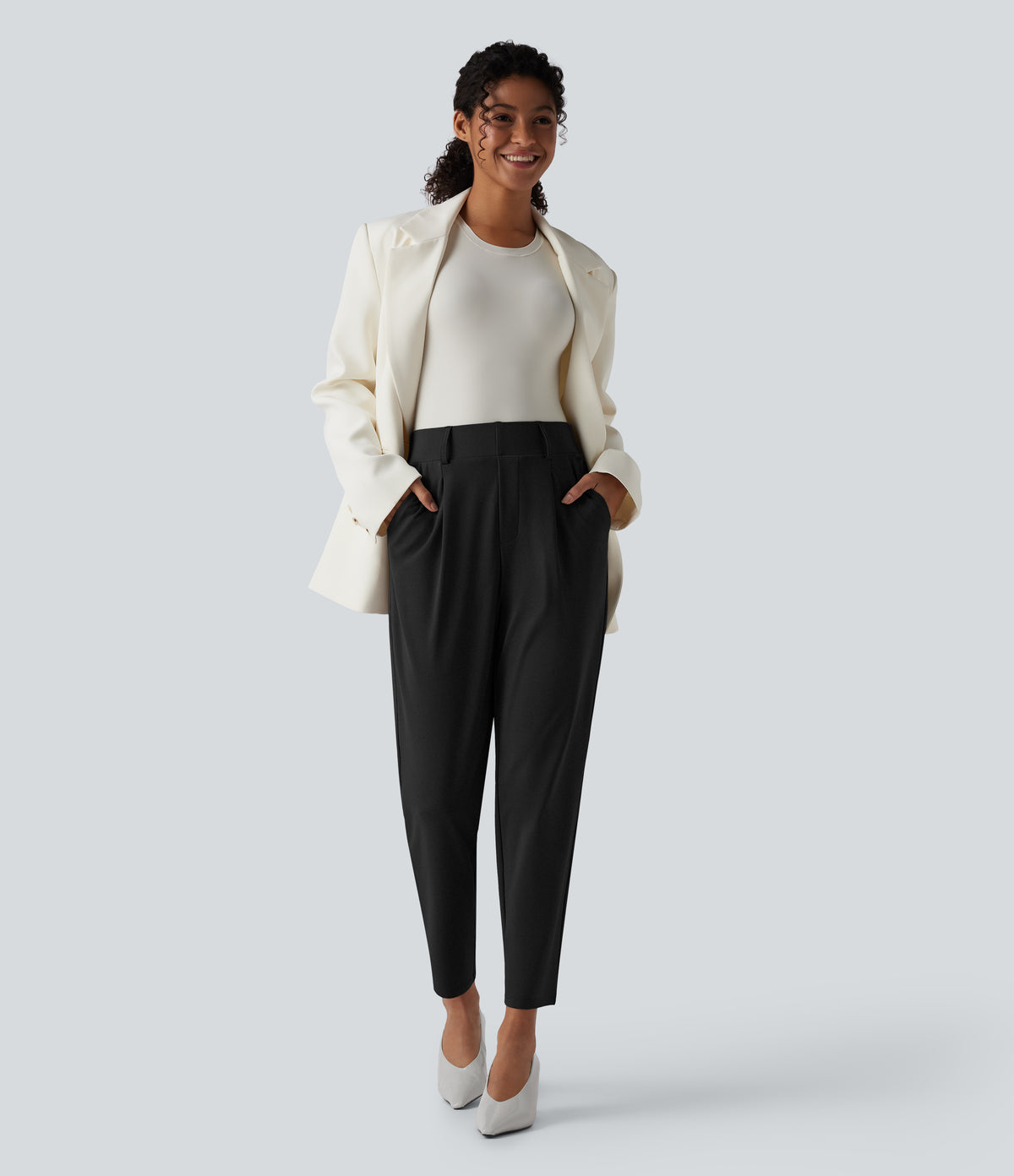 High Waisted Tapered Work Trousers with Pockets — Black — view 7
