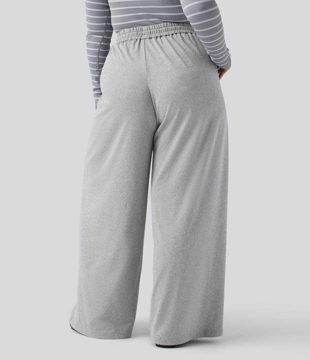 Plus Size High Waisted Drawstring Wide Leg Casual Trousers with Pockets — Fog Gray — view 3