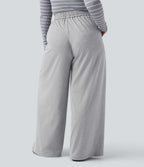 Plus Size High Waisted Drawstring Wide Leg Casual Trousers with Pockets — Fog Gray — view 3