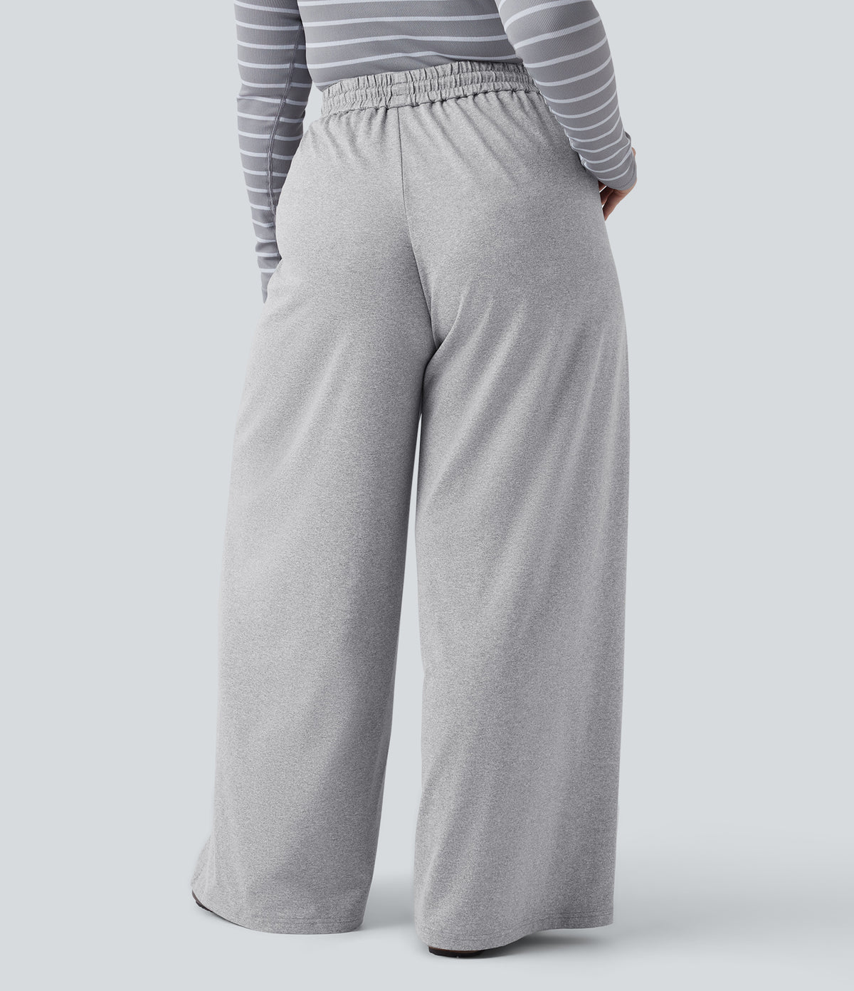 Plus Size High Waisted Drawstring Wide Leg Casual Trousers with Pockets — Fog Gray — view 3