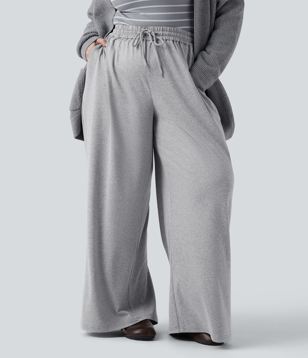Plus Size High Waisted Drawstring Wide Leg Casual Trousers with Pockets — Fog Gray — view 1
