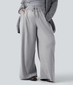 Plus Size High Waisted Drawstring Wide Leg Casual Trousers with Pockets — Fog Gray — view 1