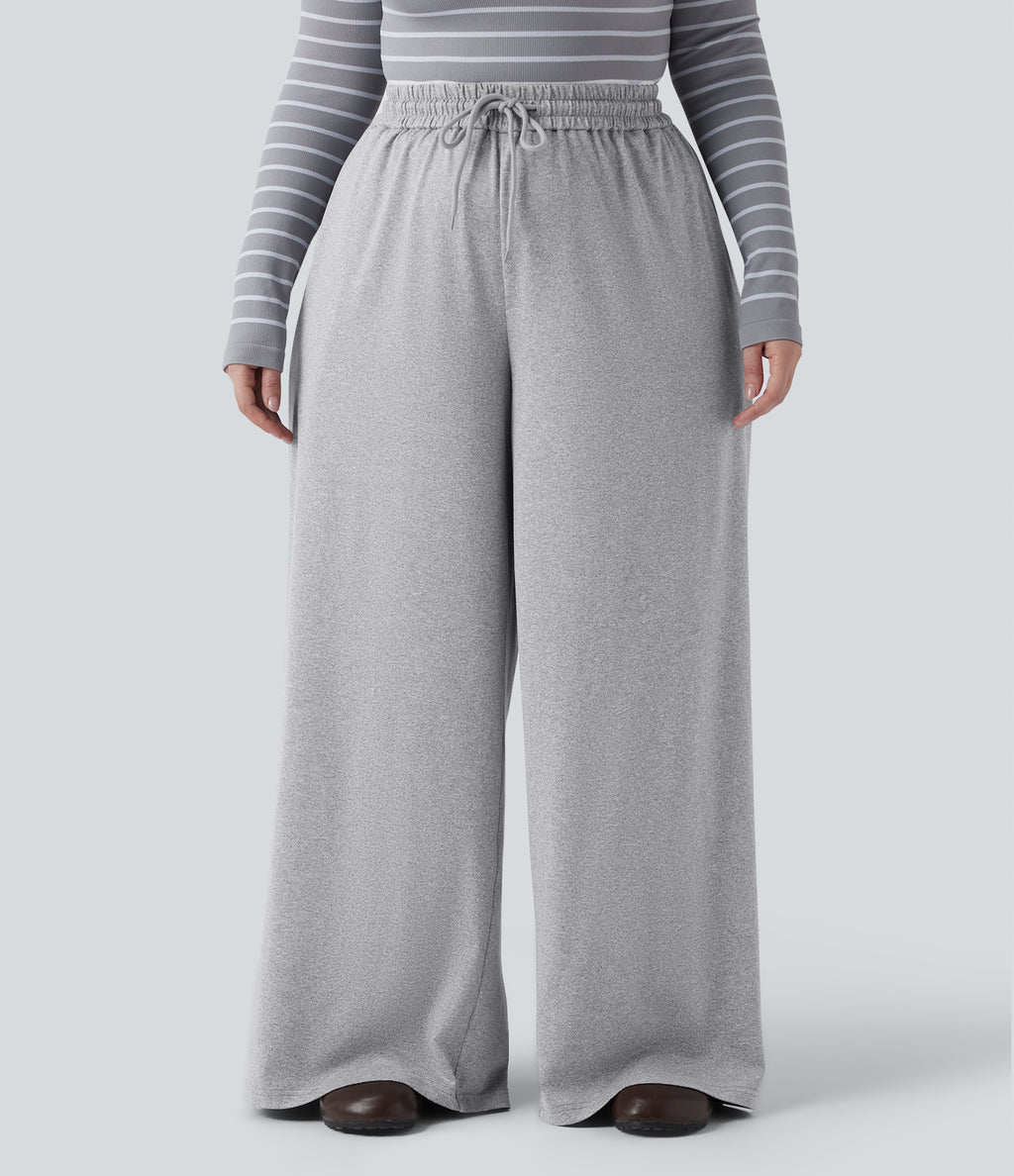 Plus Size High Waisted Drawstring Wide Leg Casual Trousers with Pockets — Fog Gray — view 2